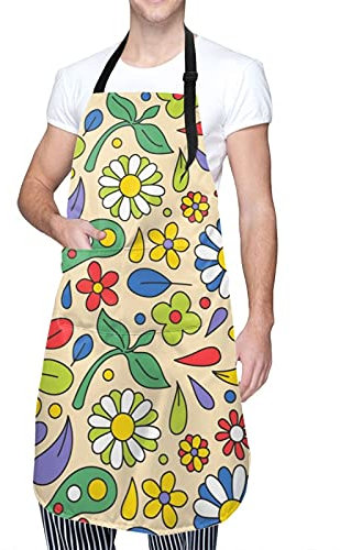 Delantal Cocinade Flower Y Hojas Psicodélicas Y Bohemias Delantal De Cocina Hombres con Bolsillos Delantal De Barbacoa Trabajo Delantal, para Cocina, Jardín