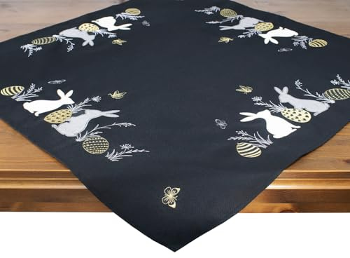 Tischdecke mit Osterhasen und Eiern, Motiv, Mitteldecke, Stickerei zu Ostern, Schwarz-Gold, Modern, 85x85 cm