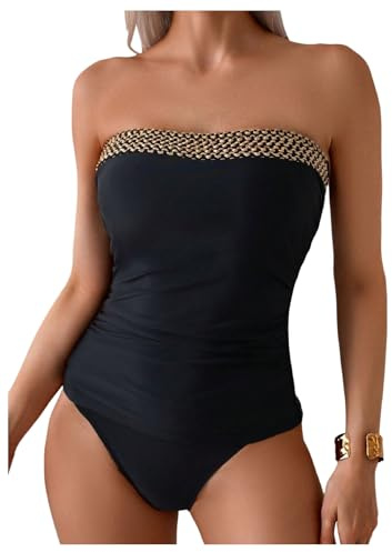 WDIRARA Women's 2 Piece Color Block Tankini Set Bandeau Strapless Ruched Bathing Swimsuit Boho Black Large