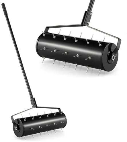 COSTWAY Rodillo Aireador de Césped Enrollable, Herramienta de Césped con Mango Desmontable de 130cm y Púas para Aflojar el Suelo, para Jardín, Patio, Fácil de Montar (52cm, Negro)
