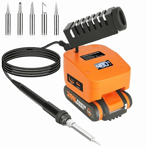 GZYZ Kabelloser Lötkolben Set kompatibel mit Worx 20V Akku, Tragbarer Lötkolben mit USB und Typ-C, Einstellbarer Temperaturbereich 180–480 °C für DIY, Elektroarbeiten (Ohne Akku)