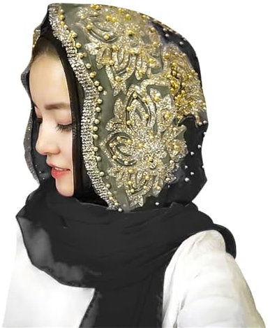 Stirnband Schweißband Muslimischen Chiffon Hijabs Schal Turban Gold Perlen Hijab Für Ramadan Schal Frauen Lange Kopftuch Stirnband Unter Helm Damen (Black, One Size)
