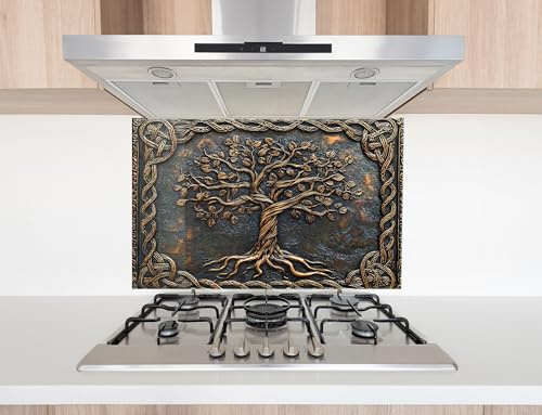 Myphotostation 122x61cm Celtic Tree of Wisdom Glass Splashback for stove Tempered Glass Backsplash, Glass Backguards For Kitchen, Stove Wall Protector, Cooker Wall Panel, Stove Back Cover