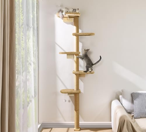 Wandmontierter Kratzenbaum Hoch 210cm, Katzenkratzbaum Wand 5 Etagen aus Natürliches Holz mit Sanftem Braunem Plüschstoff, Kratzbaum für Katzen zum Klettern, Kratzen und Spielen