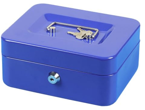 Angoily Blauer Metallbehälter mit Zahlenschloss Tragbarer Geldaufbewahrungsbox mit Münzfach und Sechs Fächern Abschließbar für Büro und Fundraisers