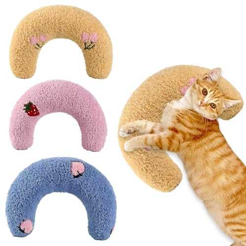 JazRvr 3 Stück Baldrian Kissen Für Katzen, Beruhigungskissen Mit Katzenminze, U-förmige Haustierkissen Für Kleine Hunde Und Katzen, Blau Pink Gelb