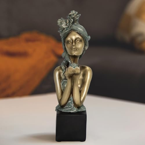 Busto Dama Dorado Moderno para Decoración del Hogar, Escultura Cabeza Dama, Figura Belleza Estética con Base Negra, Mesita Noche para Sala Estar, Estantería Oficina, Mesa Baño, Regalo para Mujer