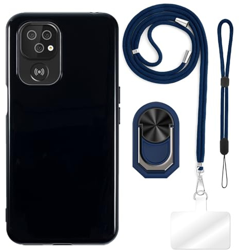ESACMOT Case Accessory Bundle for Doro 8100 - Black+Blue | 6.09 4-in-1 Combo Includes TPU Cover, Crossbody/Neck Lanyard, Wrist Strap and Finger Ring Stand