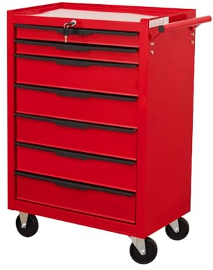 Servante d’Atelier avec 7tiroirs,Caisse à Outils en métal de grande capacité | avec roues et serrure à clé | chariot à outils de rangement roulant pour garage, etabli atelier garage (Rouge, 7 Tiroirs)