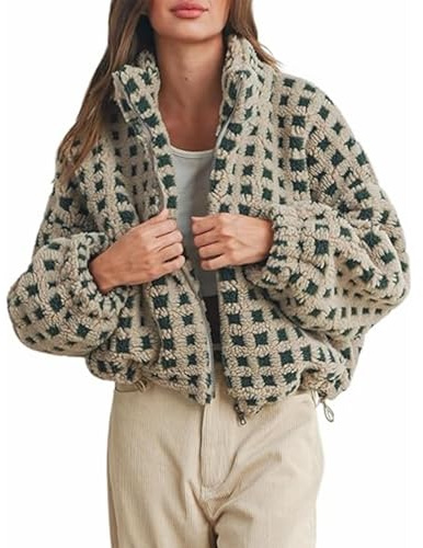 XIXIMAON Veste Polaire Femme Manteau en Peluche Zippée à Manches Longues Blouson d'hiver Chaud à Carreaux Cardigan Fermeture Eclair Vêtements d'extérieur Décontracté
