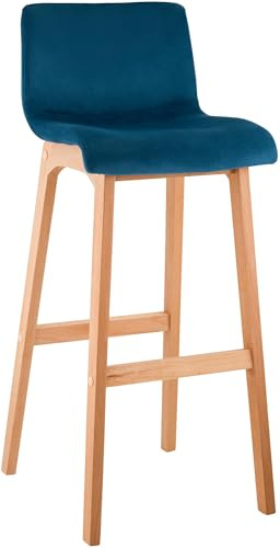 CLP Barhocker mit Lehne Hover, Barstuhl Holz Natura gepolstert mit Samtbezug, Tresenstuhl 77cm Sitzhöhe - Farbe blau