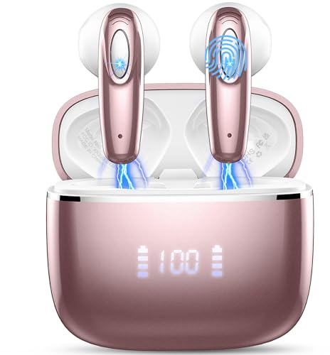 Wireless Earbuds, Bluetooth Headphones 5.3 Built in 4 ENC Mic, Stereo Bass Wireless Earphones, 40H Bluetooth Earbud in-Ear LED Display, USB-C, IP7 Waterproof Sports Ear Buds for Android iOS, Rose Gold