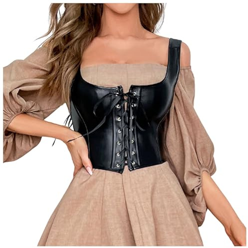 RUITOTP Corset Mujer Corsé para Mujers, Top Corto con Cordones, Vendaje, Chaleco Gótico de Cuero Negro, Corsé Negro