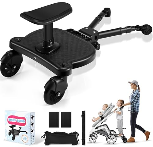 JoyCushy Buggy Board with Seat, Universal Buggy Board with Pram Organiser Bag, 2-in-1 Sit and Stand Kiddy Boards for Children from 2-6 Years (Bearing 25 kg), Fits 99% of Strollers