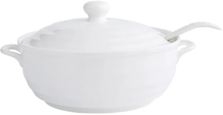 Sopera con tapa, sopera de cerámica blanca, doble asa con cuchara, olla de cerámica de paredes gruesas y resistente al calor for pollo estofado y sopas.(1.2l)