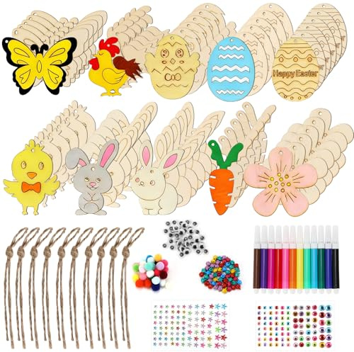 Staranry 60 Stück Ostern Bastelset Kinder, Holz Basteln Kinder, Ostereier zum Bemalen, Osterhase Küken Holzanhänger mit Schnur, 12 Farben Wasserfarben, Sticker & Wackelaugen, Osterdeko DIY Geschenk