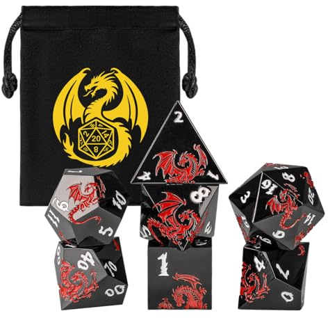Metall Würfel Set, Flaches Rot Drachenmuster, Polyedrisches DND Würfel Set | 7-teiliges Metall Polyedrisches DND Würfelset, D4, D6, D8, 2 D10, D12 und D20, D&D Geschenke, Rollenspiel Brettspiel-Zubehör
