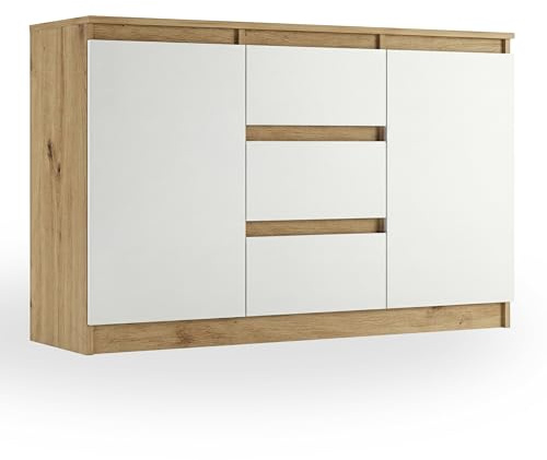 Framire Sideboard Artisan Eiche/Weiß 120x33x76 cm – schmale Kommode mit 3 Schubladen & 2 Türen, Lowboard/TV-Schrank für Wohnzimmer, Schlafzimmer & Flur, Modern R-120-S3