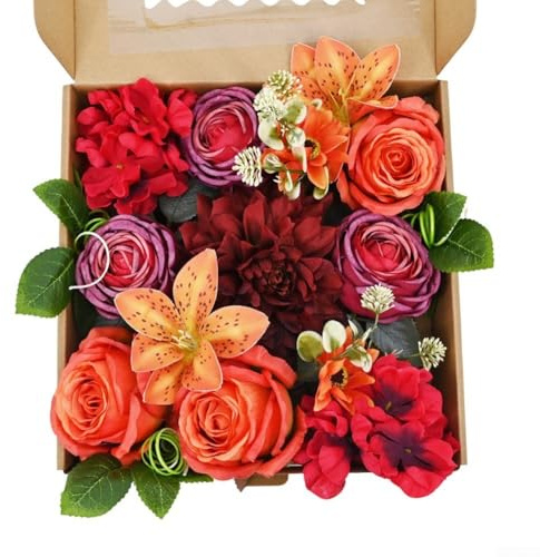 Caja de flores de seda artificial con rosas y lirios y pétalos realistas, colores vibrantes, presentación elegante, 26,5 x 26 x 6 cm, opciones multitono, decoración de larga duración (rojo)