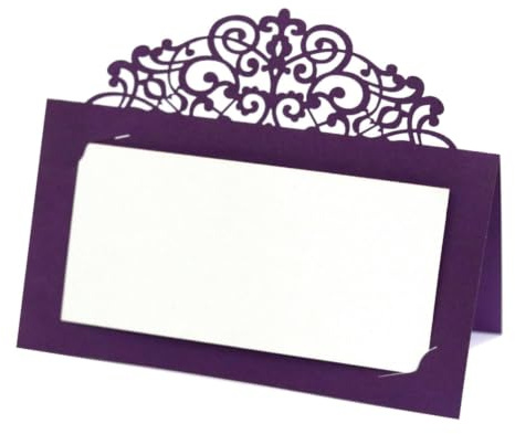 Tarjetas De Lugar De Encaje Cortadas Con Láser, Paquete De 50 Tarjetas De Nombre De Mesa De Tienda Plegable, Tarjetas De Acompañamiento De Asiento Grabables En Blanco Para Banquete De Boda (Violeta)
