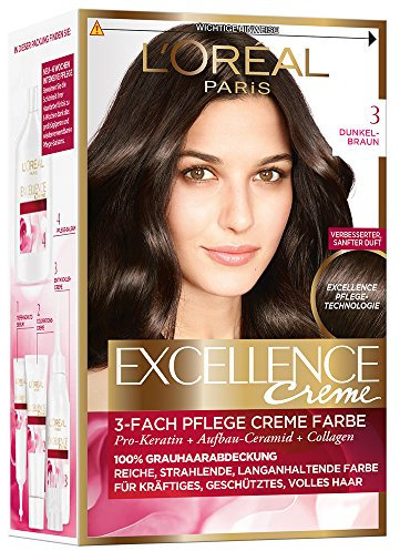 L'Oréal Paris Permanente Haarfarbe, 100 Prozent Grauhaarabdeckung, Haarfärbeset mit Coloration, Shampoo und 3-Fach Pflege Creme Farbe, Excellence Crème 3 Dunkelbraun