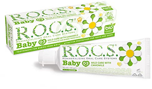R.O.C.S. Zahnpasta Baby (0-3 Jahre) Milde Pflege mit Kamille - Vegane Zahncreme - Fluoridfrei- Sicher beim Verschlucken - Natürliche Formel - Natürliche Extrakte - Xylit - Beruhigendes Zahnfleisch