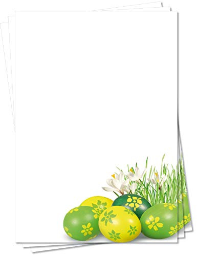 Motiv Briefpapier (Ostern-5149, DIN A4, 25 Blatt). Einseitig bedrucktes Briefpapier, sehr gut beschreibbar, für alle Drucker/Kopierer geeignet, Motivpapier mit Ostereiern und weißen Krokussen Eier gelb grün