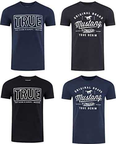 MUSTANG Tshirt Herren Baumwolle Regular Fit 4er Pack Set Rundhals Kurzarm Sommer Tee Shirt Logoprint Schwarz Weiß Grau Blau Grün S M L XL XXL 3XL 4XL 5XL 6XL