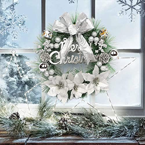 Warmiehomy Weihnachtskranz Türkranz 30cm,Weihnachtskranz Künstlich Wandkranz Weihnachten mit Schleife & Kugeln & Blumen für Tür Fenster Kamin Weihnachtsdeko Silber