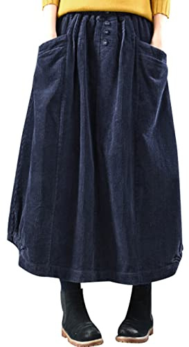 Bigassets Donna Vintage Vita Elastica alla Caviglia Lunga Gonne di Velluto a Coste Navy