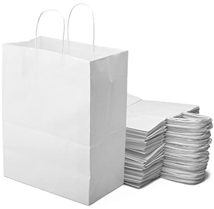 Extiff Paquete de 50 bolsas de papel kraft con asas de 26 x 14 x 32 cm