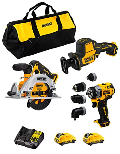 DeWALT Kit D12K302 (Handkreissäge DCS512 + Mini-Säbelsäge DCS312 + Bohrschrauber DCD703 + 2 batterien 3,0 Ah + ladegerät + Tasche)