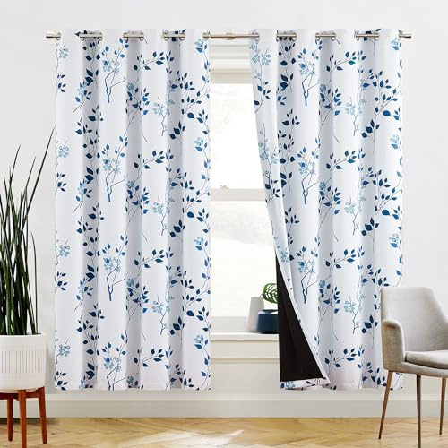 Beauoop Navy blue Floral Blackout Curtains,72 Drop 2 Panels for Bedroom