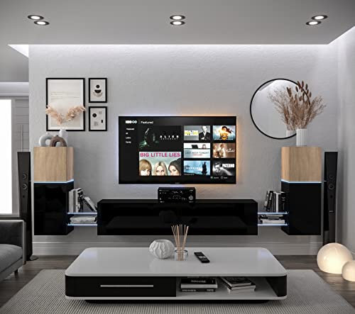 Furnitech Wohnwand Wohnzimmer | Wohnzimmer Möbel mit LED RGB - 16 Farben | Hängend Wohnwand Modern | Wohnzimmer Schrankwand mit Regale und TV Schrank (AN104-21SB-HGM5-1C)
