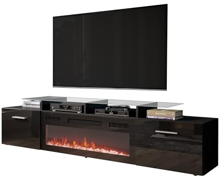 Mirjan24 TV Schrank mit Elektrischem Kamin Rozion, Realistische LED-Flamme, Elektrischer Kamin mit Heizung, TV Lowboard (Schwarz/Schwarz Hochglanz, ohne Beleuchtung)