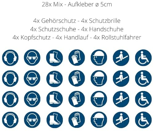28 Aufkleber Mix - ø 5cm - Gehörschutz Schutzbrille Fußschutz Handschutz Kopfschutz Handlauf Rollstuhlfahrer je 4 Stück - UV- und witterungsbeständig - ISO 7010 - Gebotszeichen Schild (5 cm, Mix)
