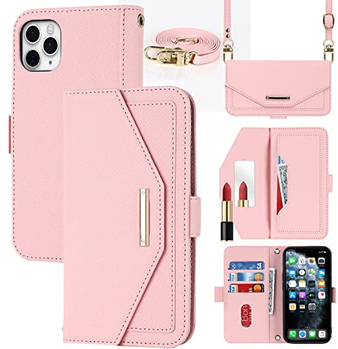 CAVOR Handykette Handyhülle kompatibel mit iPhone 11 Pro Max Hülle Mit Band,Flip Leder Geldbörse Handyhülle,[Spiegel][5 Kartenfach][Magnetisch],Klapphülle Handytasche zum umhängen - Rosa