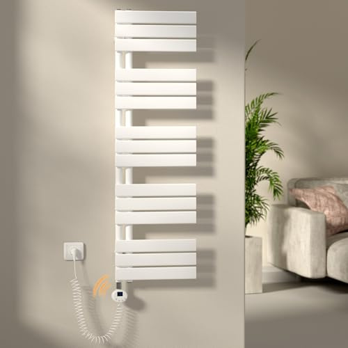 S'AFIELINA toallero electrico baño1320×400mm,radiador toallero electrico con termostato, WiFi, Temporizador programable, Pantalla LCD, 600 W Ahorro energético toalleros de baño electrico, Blanco