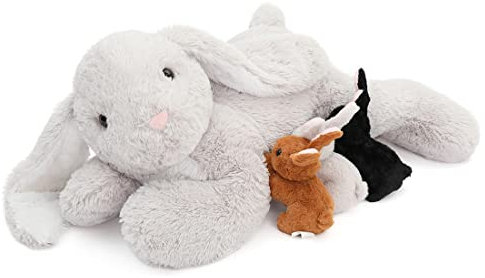 MorisMos Easter Bunny Plush Soft Toy with Babies inside, Kawaii Rabbit Teddy Stuffed Animal Cuddly Big, Cute Presents for Girls Kids Birthday Party Decorations (Grey 60cm)