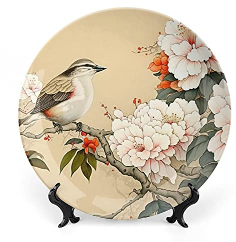 Gokays Decorative Plates for Wall Hanging, Bird & Flower Chinese Meticulous Painting Ceramic Plate, Wobble-Plate with Display Stand, Home Decor for Kitchen Cabinets, Farmhouse Round Tray 8 Inch