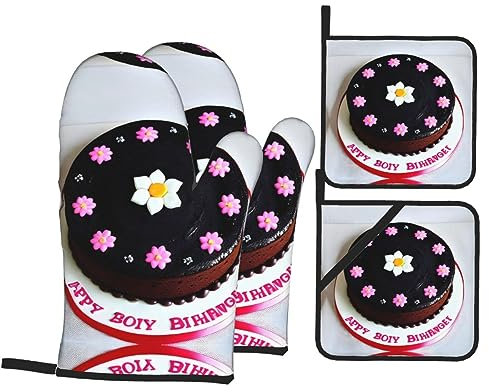 Set di 4 presine e guanti da forno per torte al cioccolato nero, resistenti al calore, per cucina, cottura, grigliate, barbecue