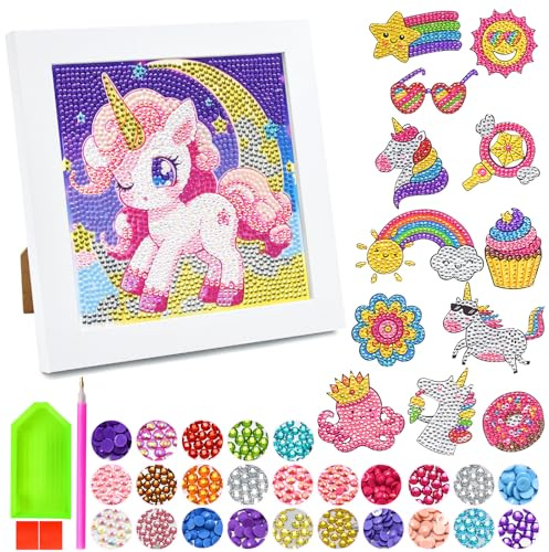 YTACREA Diamond Painting Bambini Bambina, 5D Unicorno Diy Diamond Painting Kit con Cornice in Legno, 12 Pezzi Diamantini Crystal Art, Pittura Diamante per la Casa Decorazione Murale Portafoglio