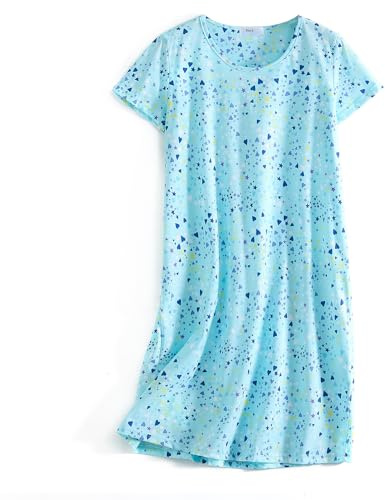 SISKIN Nightgowns for Women Cotton Sleep Shirts Womens Nightgown Short Sleeves Print Night Shirts Soft Sleepwear Blue Heart Star L