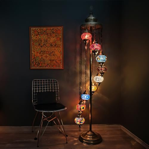Asylove Turkish Lamp 9 Globe Mosaic Floor Lamp, Standing Lamp Moroccan Floor Lamp for Decorative Home Designs Offer 5 inch Globe - Total Height 70 inch (Colormix)