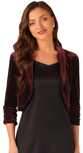 Allegra K 3/4 Sleeve Velvet Shrug for Women's Open Front Cropped Cardigan Top Burgundy M