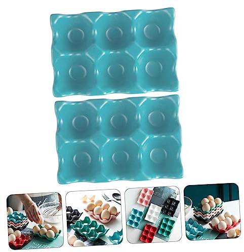 Beatifufu 2pcs Ceramic Egg Storage Tray 6 Slots for Kitchen Storage Practical Egg Holder to Separately Store Elegant Blue Design