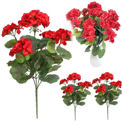 Pesoncarl Fake Geraniums, 3 PCS Artificial Geraniums for Outdoors 14inch Silk Outdoor Artificial Flowers, Bendable Faux Flowers Outdoor Fake Flower for Home Wedding Decor, Red