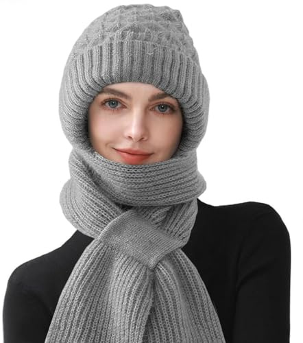 CheChury Strickmützen Damen Mützenschal Winter Integrierter Gehörschutz Winddichte Mütze Schal 2 in 1 Wintermützen und Schal Damen Kapuzenschal Frauen Winterschal Warme Mütze mit Fleecefutter,Grau