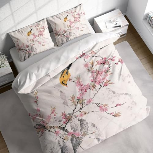 Bettbezug-Set mit Pfirsichblüten-Vogelmotiv, Bettwäscheset mit Kissenbezügen, Steppbezug, Einzel-, Doppel-, Zwillings-, Voll-, Queen-Size- und King-Size-Größe, 260 x 220 cm + 50 x 80 cm x 2