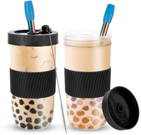 Esilihom 2 Pack Reusable Bubble Tea Cup, Smoothie Cup, 730ml/24oz Glass Tumbler with Lids and Straws, Leakproof Wide Mouth for Smoothie, Boba and Ice Coffee Drinks（Black）